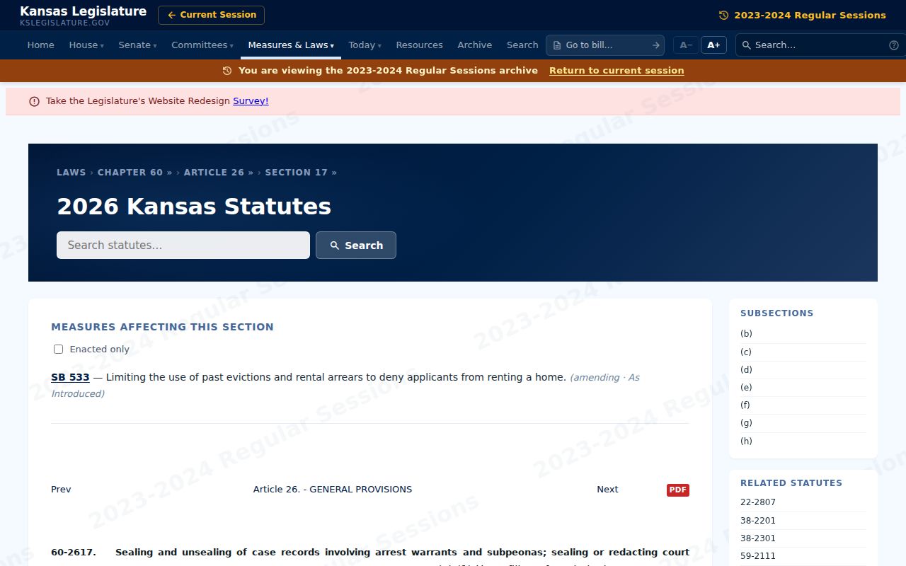 Kansas statute page governing sealing and redaction in Reno County civil court records