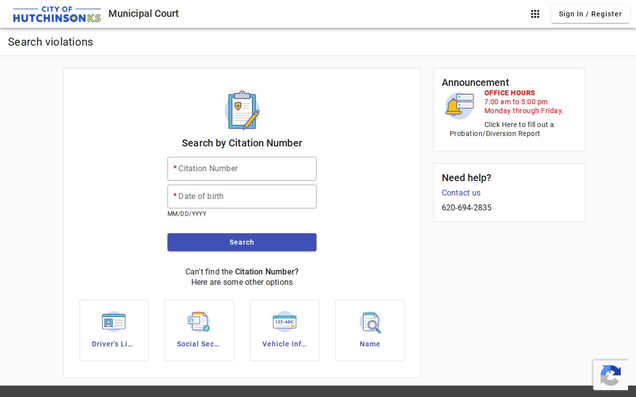 Reno County traffic ticket citation and payment search fields